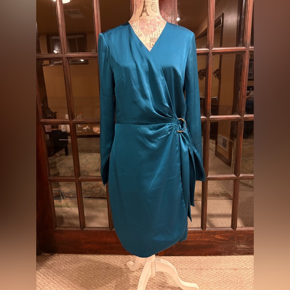 INC International Concepts Blue Sheath Long Sleeve V-Neck Dress